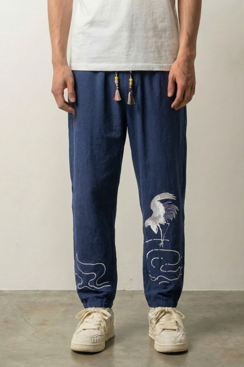 Bestickte Japanische Hose 'Tsuru', Rückansicht – japanische Hose Herren traditioneller Stil