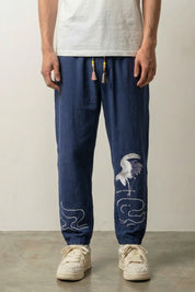 Bestickte Japanische Hose 'Tsuru', Rückansicht – japanische Hose Herren traditioneller Stil