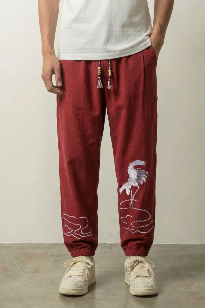 Bestickte Japanische Hose 'Tsuru' – japanische Hose Herren traditioneller Stil, Vorderansicht