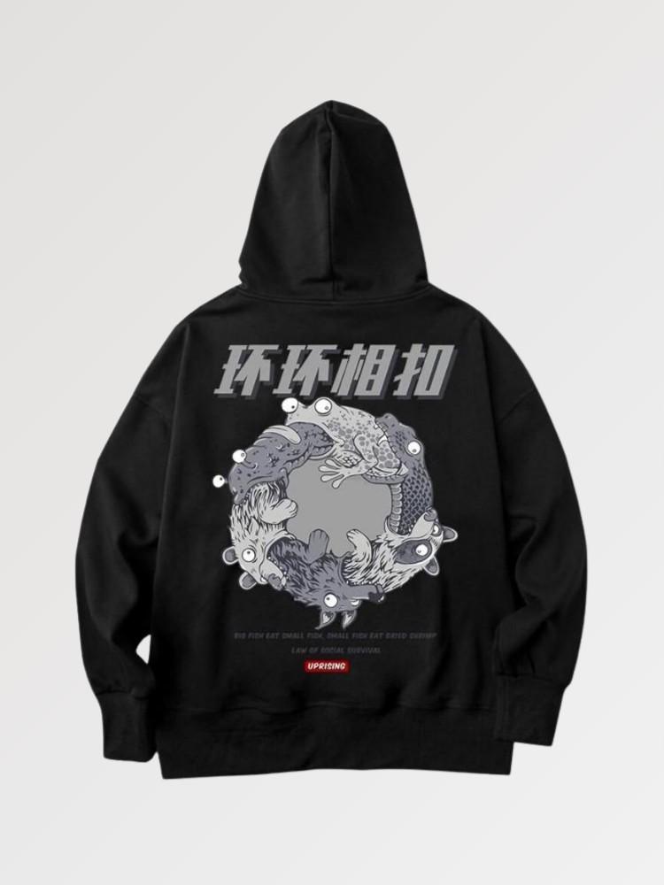 Schwarzer Hoodie mit japanischem Schriftzug 'Kaeru' – Hoodie im Streetwear-Stil für Herren und Damen
