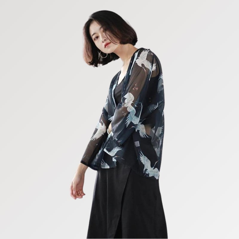 Schwarzer transparenter Kimono 'Hayko' – japanisches Gewand, Kimono im japanischen Design