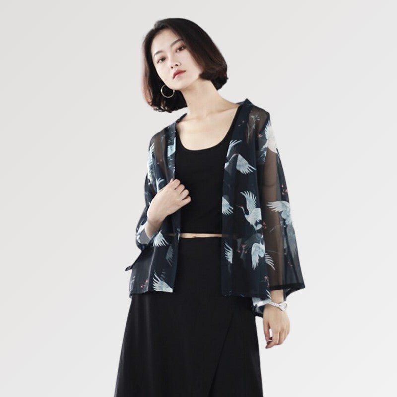 Schwarzer transparenter Kimono 'Hayko' – Kimono für traditionelle Anlässe, Premium-Qualität