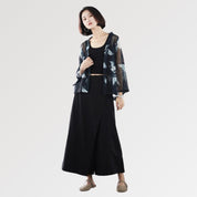 Schwarzer transparenter Kimono 'Hayko' – mit Obi: detailreicher Kimono im japanischen Stil