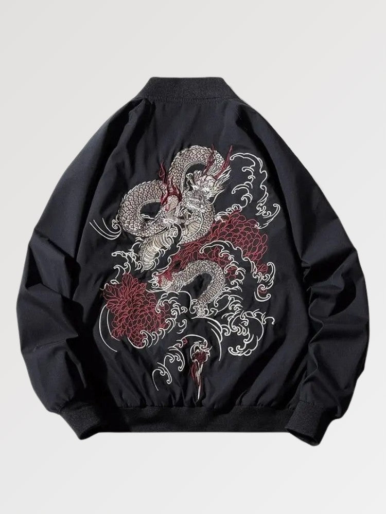 Sukajan mit klassischem Drachen der Edo-Maltradition, Detailansicht der Stickerei