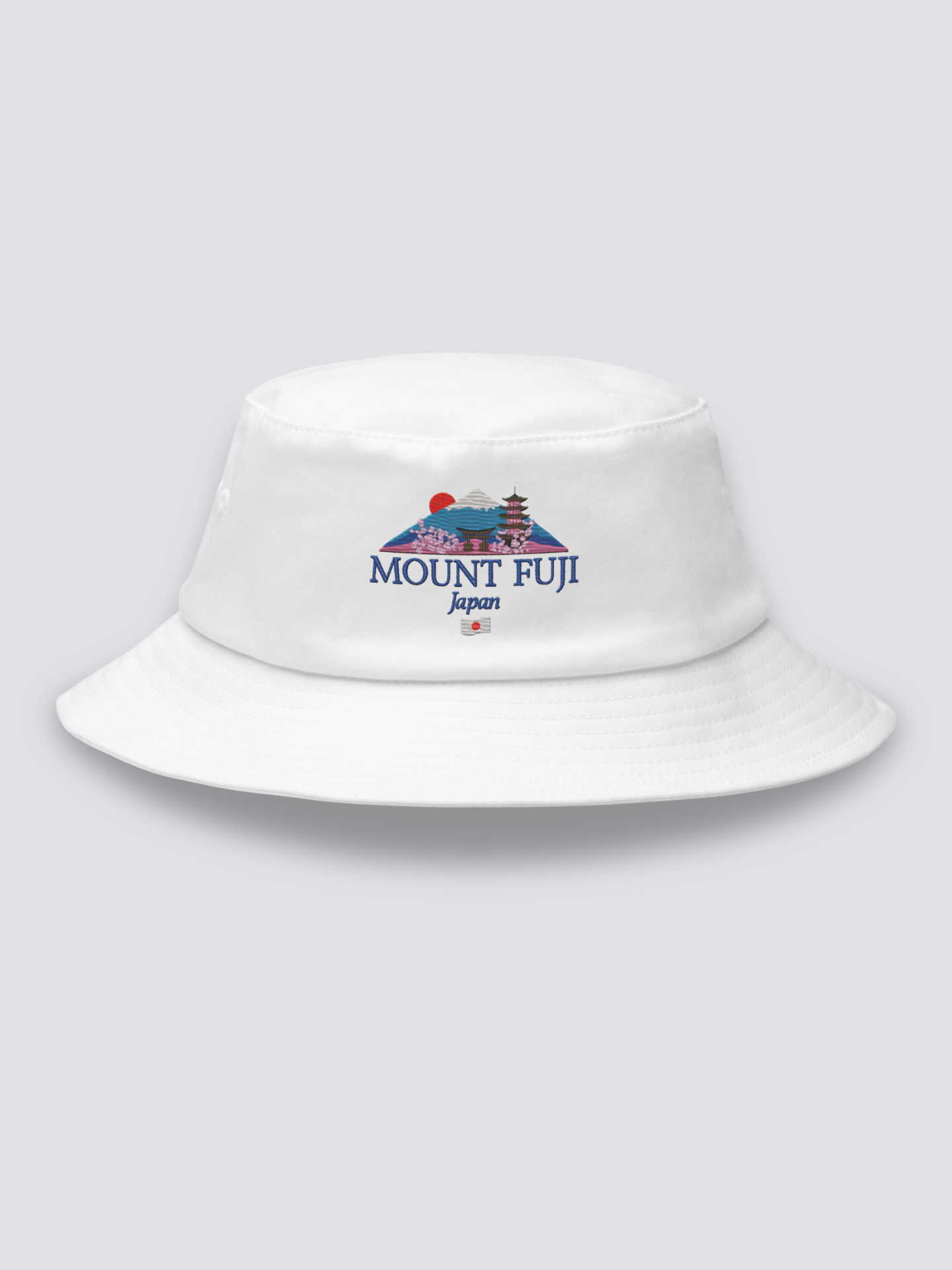Bucket Hat Berg Fuji – Bucket Hat, gestickter Berg Fuji mit Torii und Pagode, Detailaufnahme der Stickerei