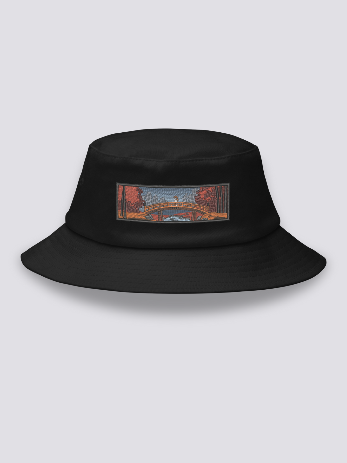 Bucket Hat Bestickt Ukiyo-e – Bucket Hat, gestickte Taikobashi-Brücke unter Herbstahornen, Vorderansicht