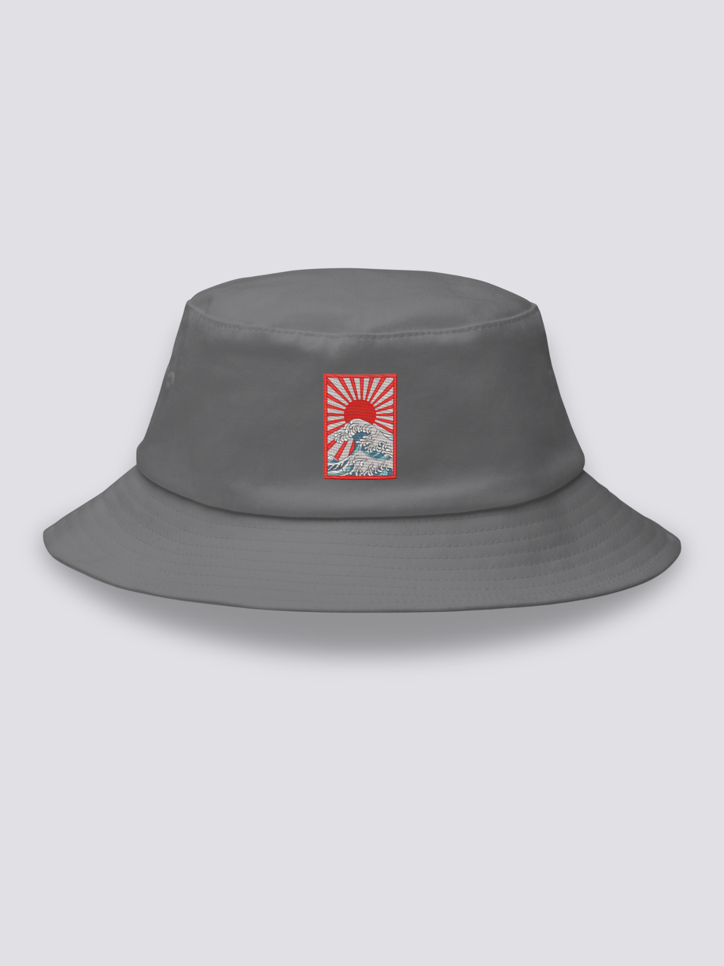 Bucket Hat Hokusai – Bucket Hat, gestickte aufgehende Sonne über Ukiyo-e-Wellen, Seitenansicht