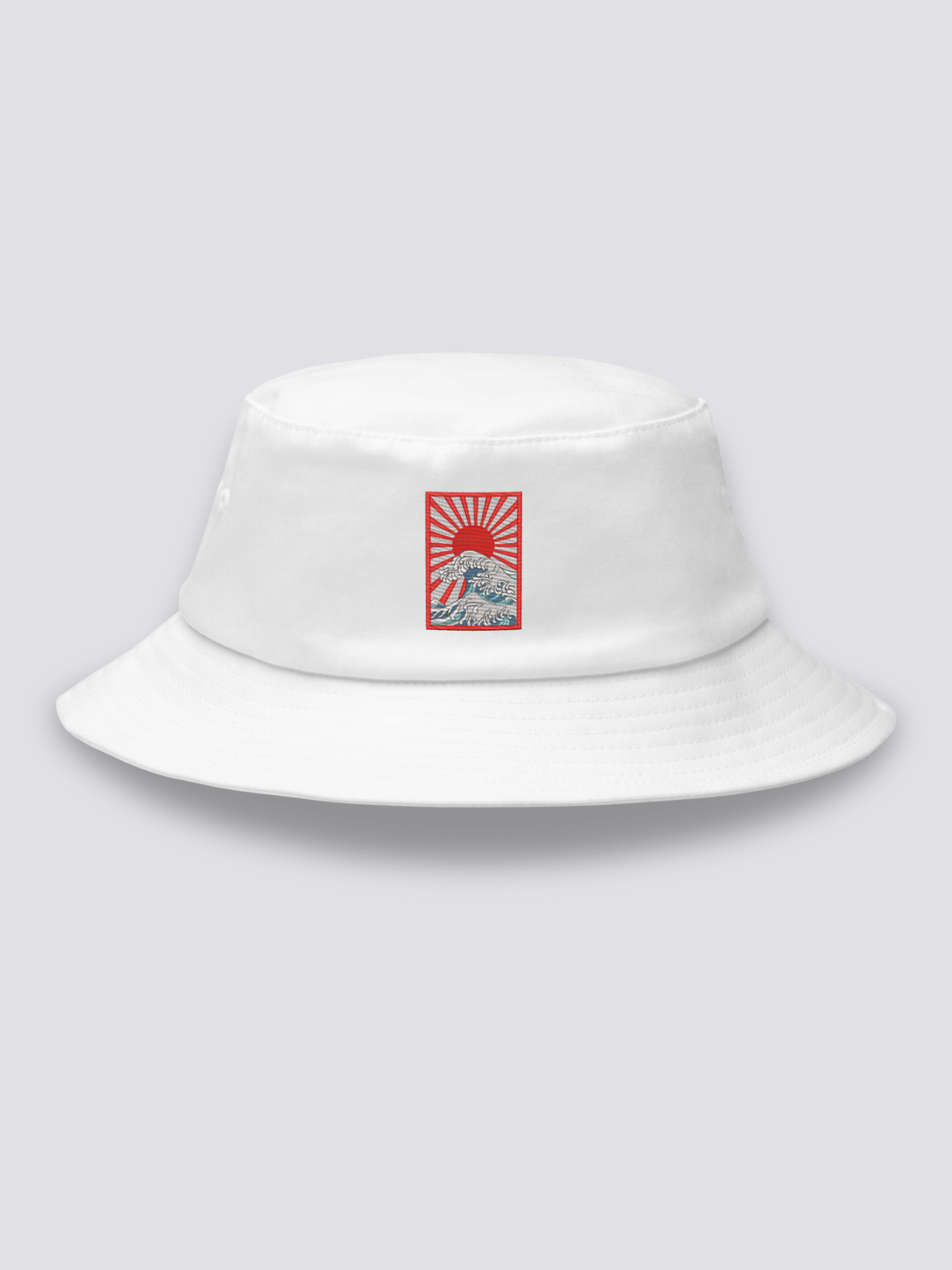 Bucket Hat Hokusai – Bucket Hat, gestickte aufgehende Sonne über Ukiyo-e-Wellen, Rückansicht