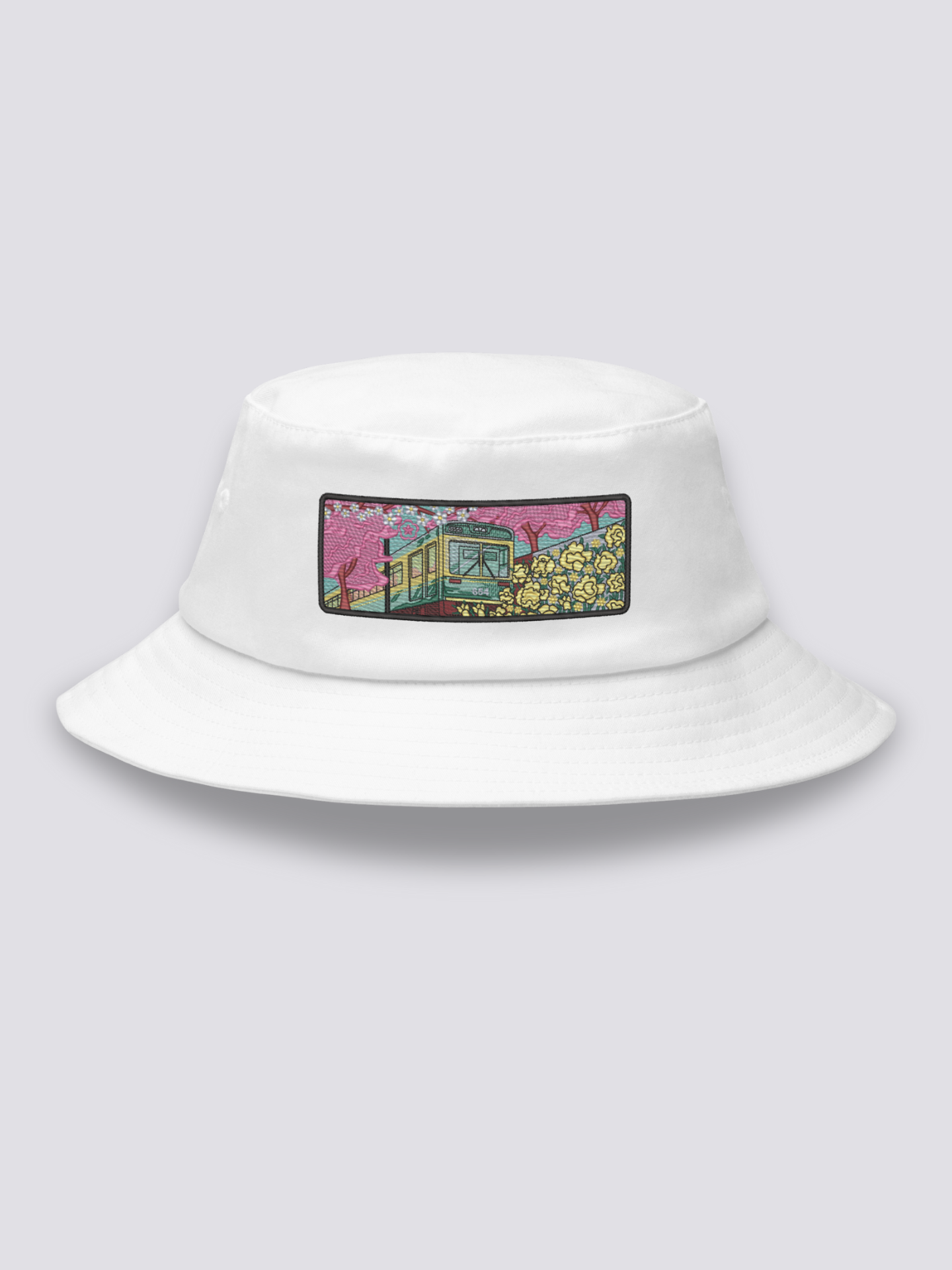 Bucket Hat Japanisch Old School – Bucket Hat, gestickter Vintage-Zug mit Blumenfeldern, Detailaufnahme der Stickerei