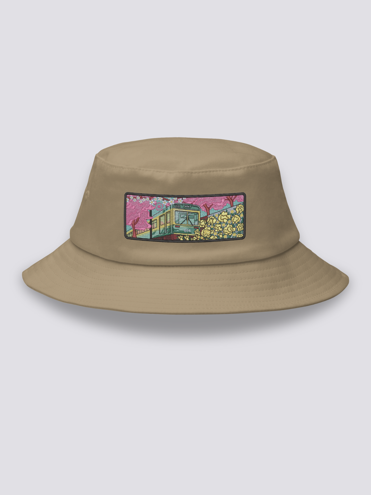 Bucket Hat Japanisch Old School – Bucket Hat, gestickter Vintage-Zug mit Blumenfeldern, Rückansicht