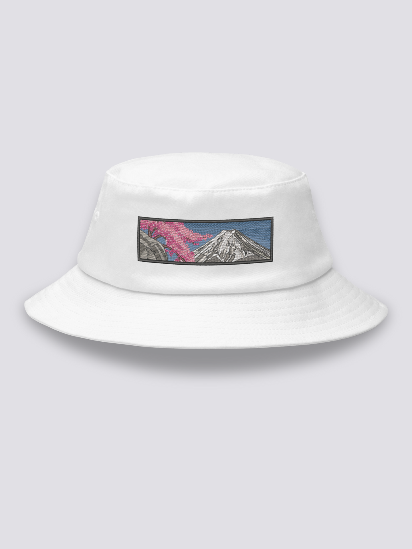 Bucket Hat Japanische Landschaft – Bucket Hat, gestickter Fuji im Sumi-e-Stil, Detailaufnahme der Stickerei