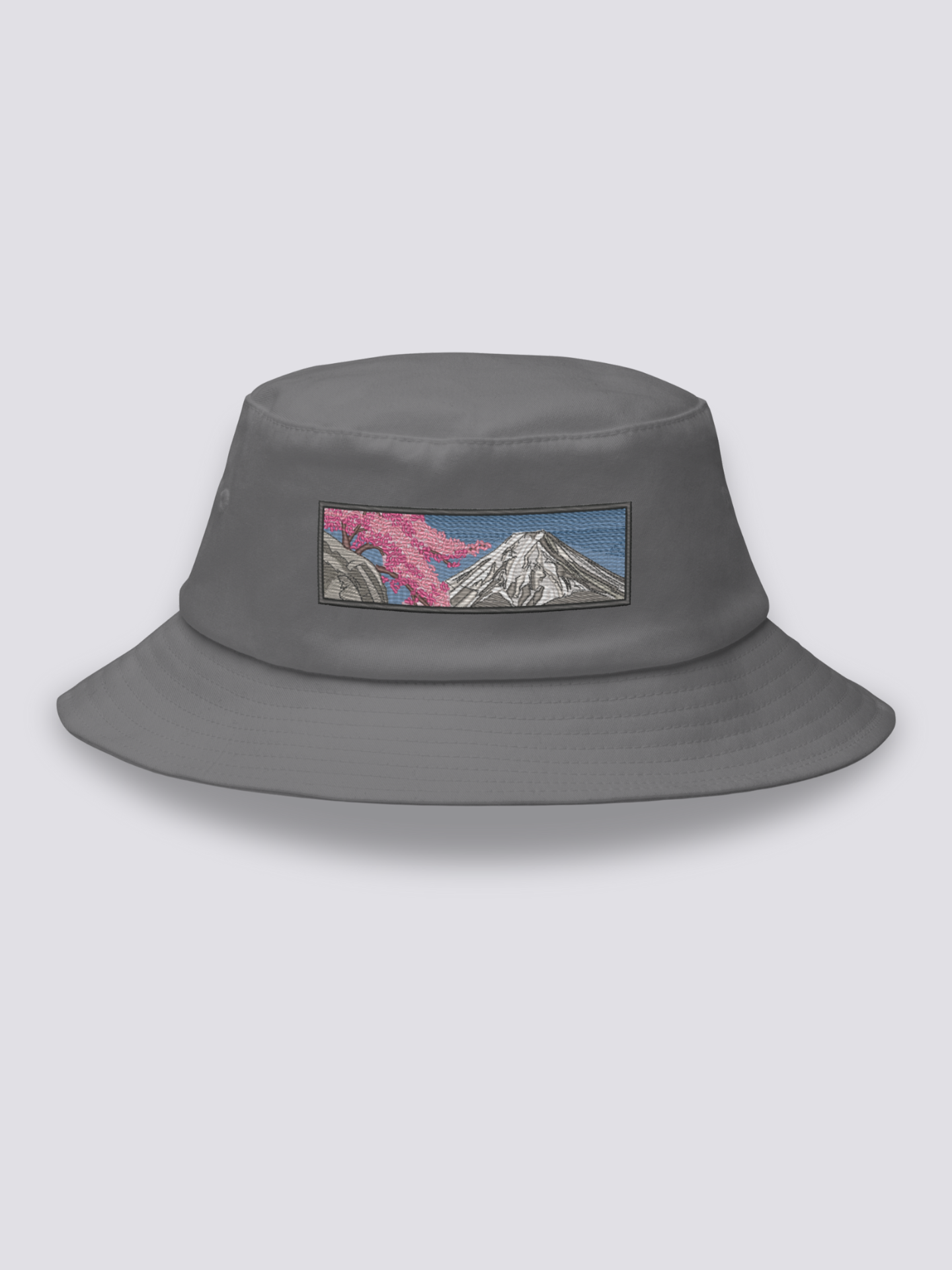 Bucket Hat Japanische Landschaft – Bucket Hat, gestickter Fuji im Sumi-e-Stil, Rückansicht