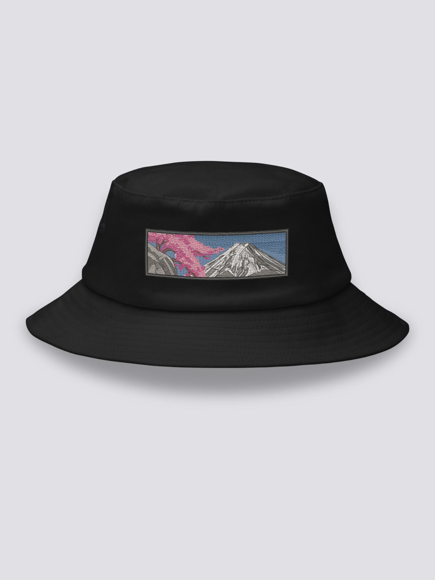 Bucket Hat Japanische Landschaft – Bucket Hat, gestickter Fuji im Sumi-e-Stil, Vorderansicht