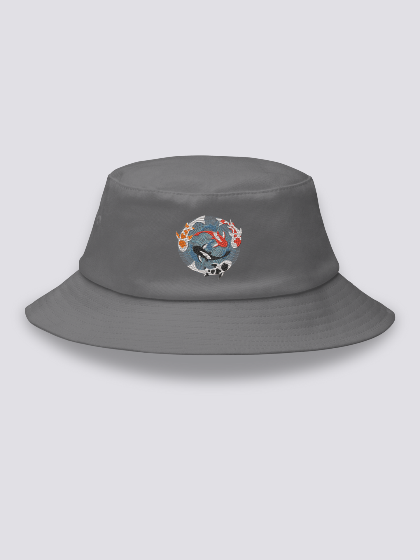 Bucket Hat Japanische Stickerei – Bucket Hat, gestickter Koi-Teich von oben im Medaillon, Seitenansicht