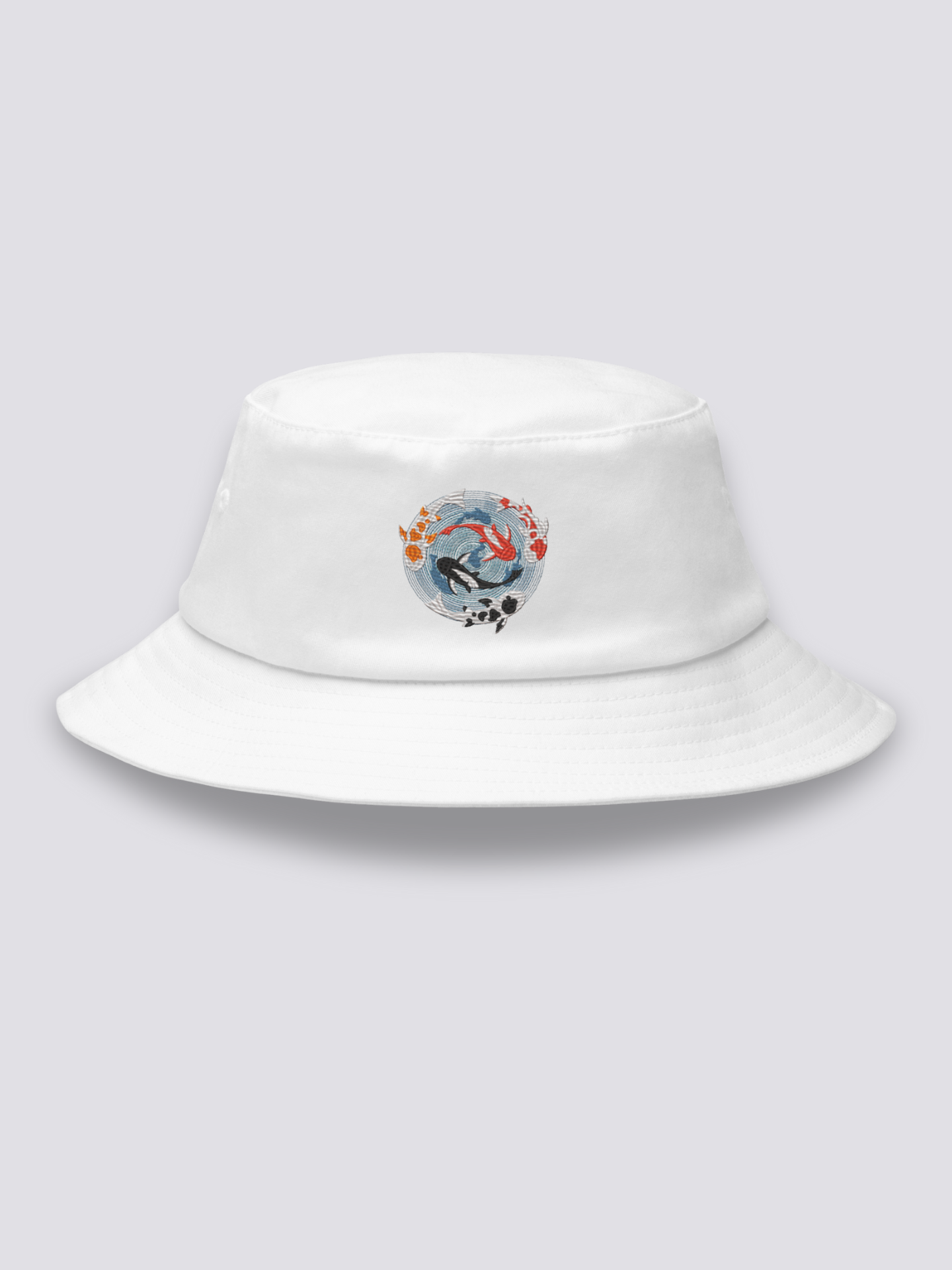Bucket Hat Japanische Stickerei – Bucket Hat, gestickter Koi-Teich von oben im Medaillon, Rückansicht
