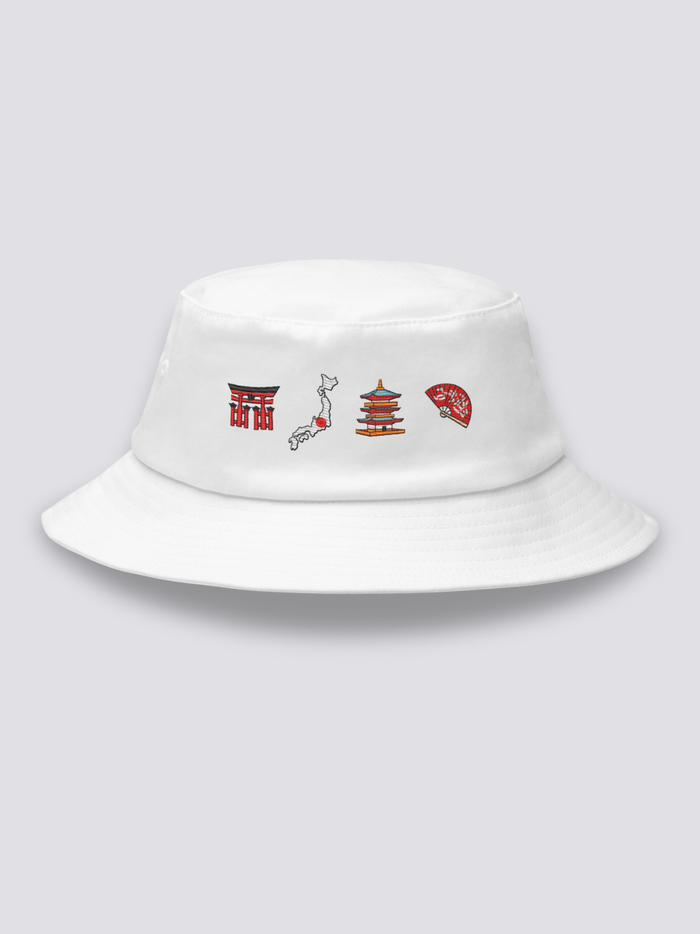 Bucket Hat Japanische Symbole – Bucket Hat, vier gestickte Ikonen: Torii, Archipel, Pagode, Fächer, Detailaufnahme der Stickerei