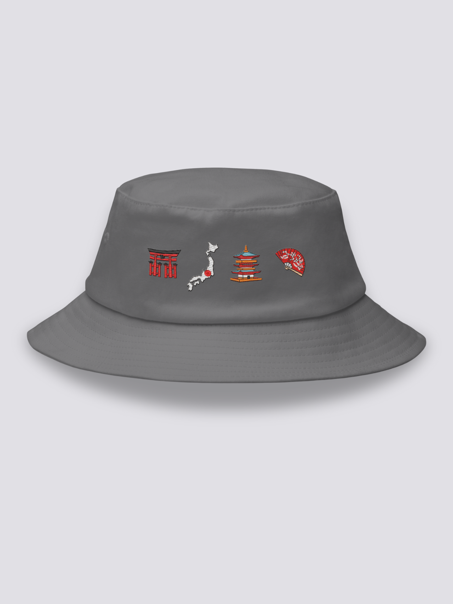 Bucket Hat Japanische Symbole – Bucket Hat, vier gestickte Ikonen: Torii, Archipel, Pagode, Fächer, Rückansicht