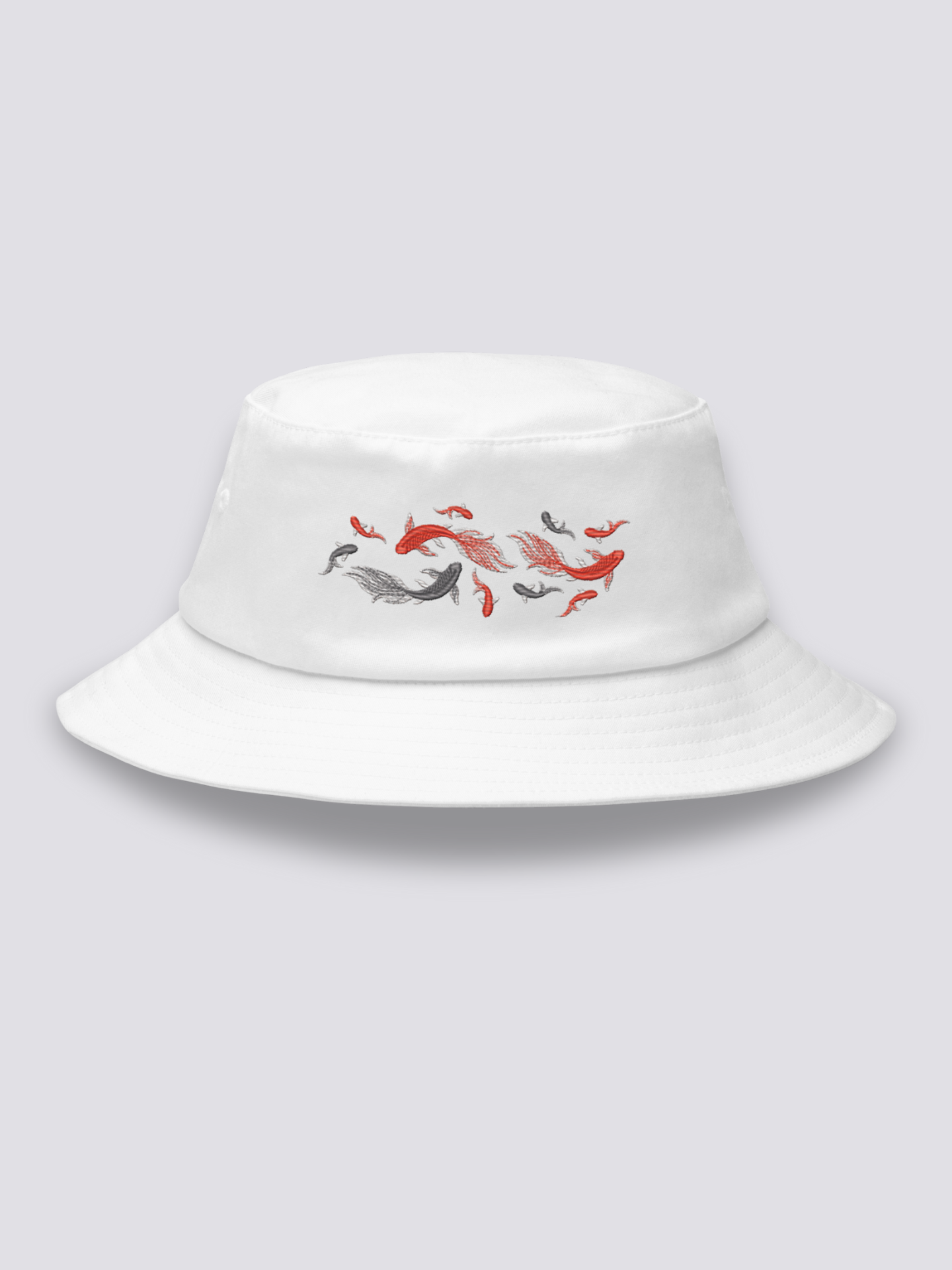 Bucket Hat Japanischer Fisch – Bucket Hat, gestickter Koi-Karpfen-Schwarm, Detailaufnahme der Stickerei