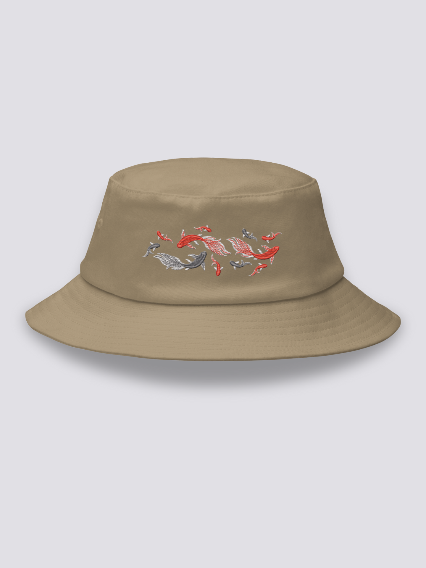 Bucket Hat Japanischer Fisch – Bucket Hat, gestickter Koi-Karpfen-Schwarm, Rückansicht