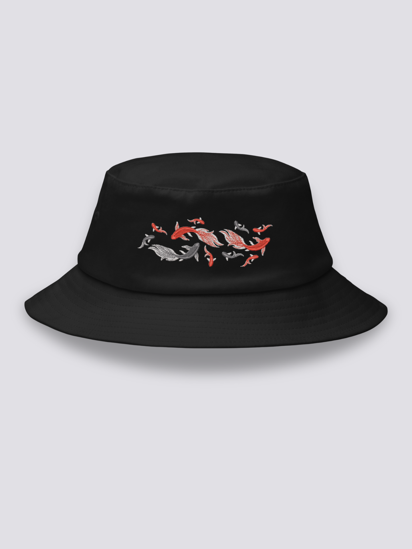 Bucket Hat Japanischer Fisch – Bucket Hat, gestickter Koi-Karpfen-Schwarm, Vorderansicht