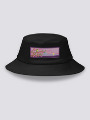 Bucket Hat Japanischer Frühling – Bucket Hat, gestickter Vogel, Kirschbaum und Fuji, Vorderansicht