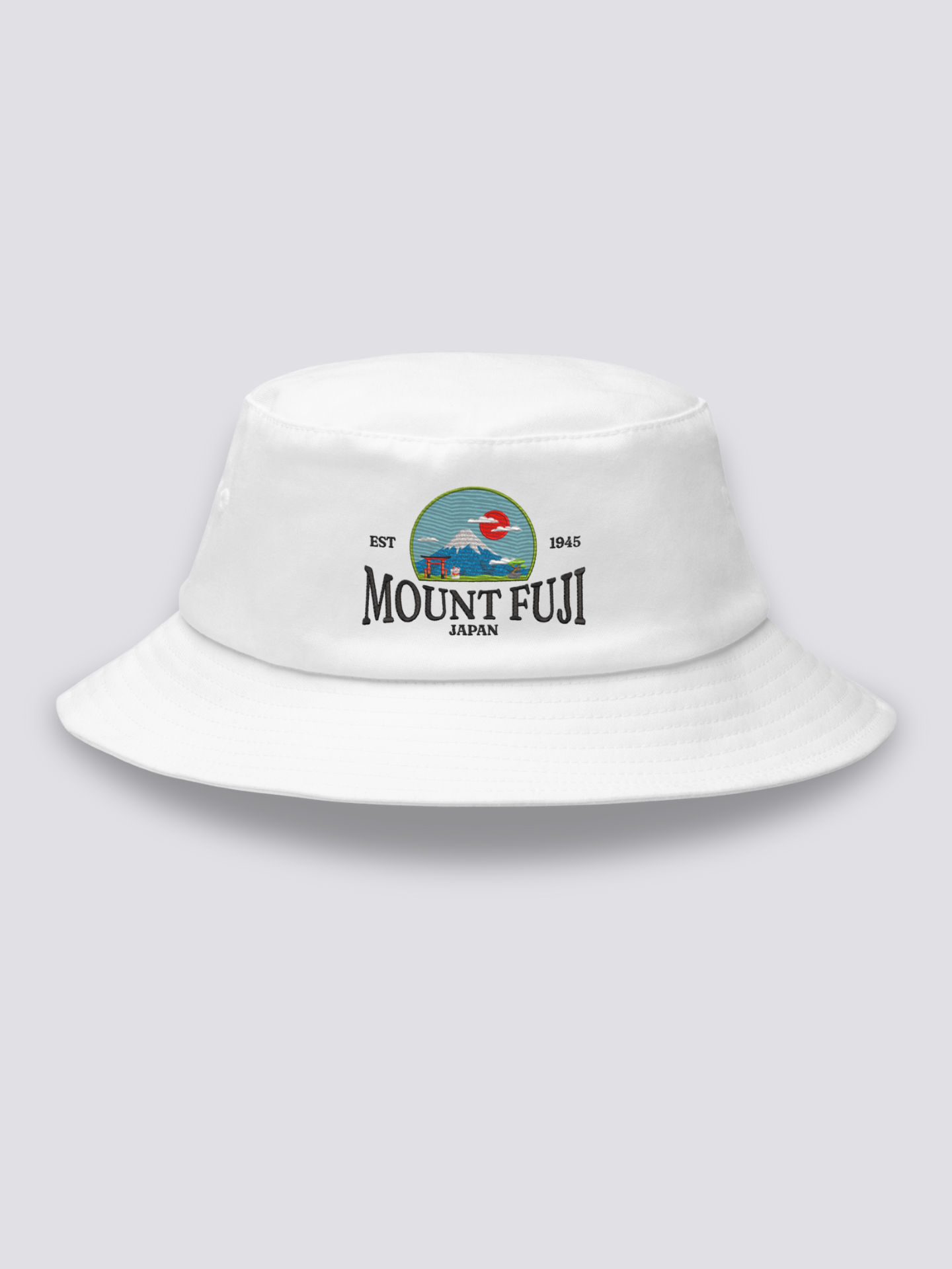 Bucket Hat Japanischer Fuji – Bucket Hat, gesticktes Fuji-Nationalpark-Wappen, Vorderansicht