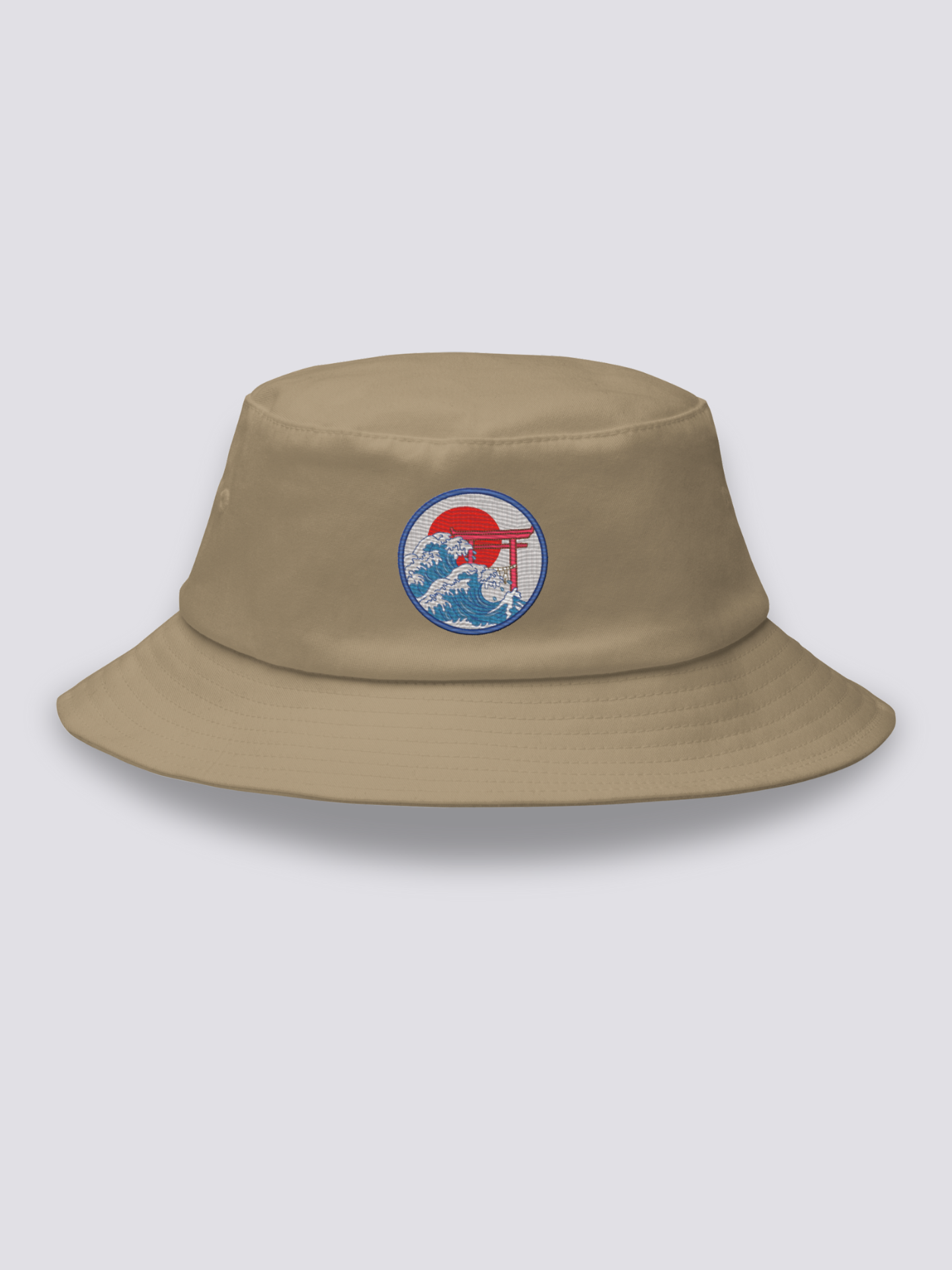 Bucket Hat Japanischer Stil – Bucket Hat, gesticktes Torii aus den Wellen unter der Sonne, Detailaufnahme der Stickerei