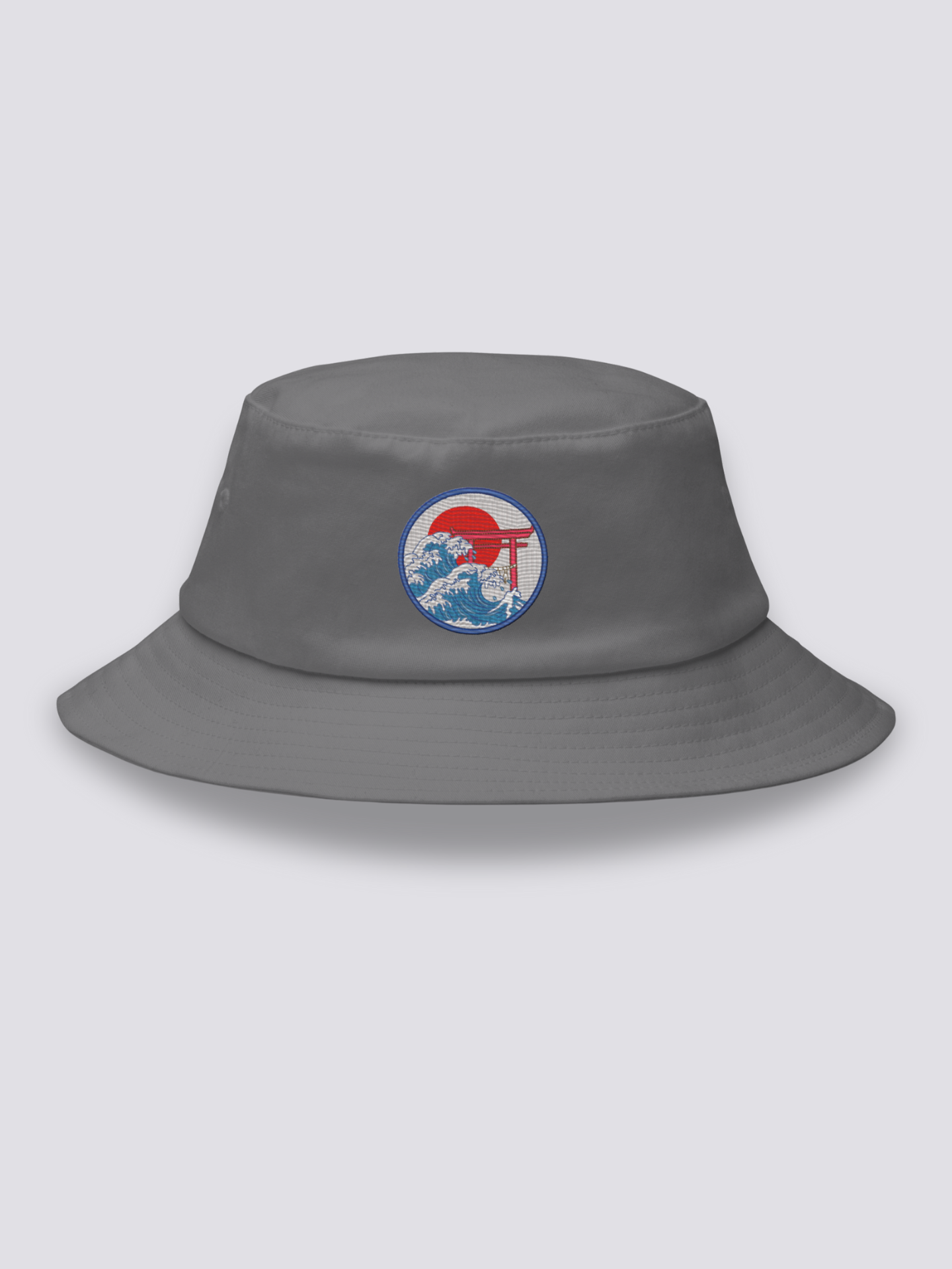 Bucket Hat Japanischer Stil – Bucket Hat, gesticktes Torii aus den Wellen unter der Sonne, Rückansicht