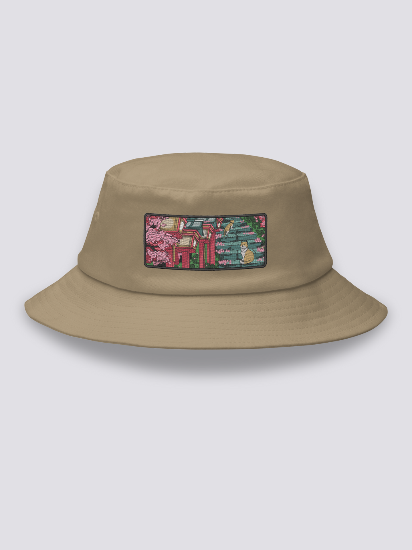 Bucket Hat Japanischer Tempel – Bucket Hat, gestickte Schreintreppe mit Katzen, Rückansicht