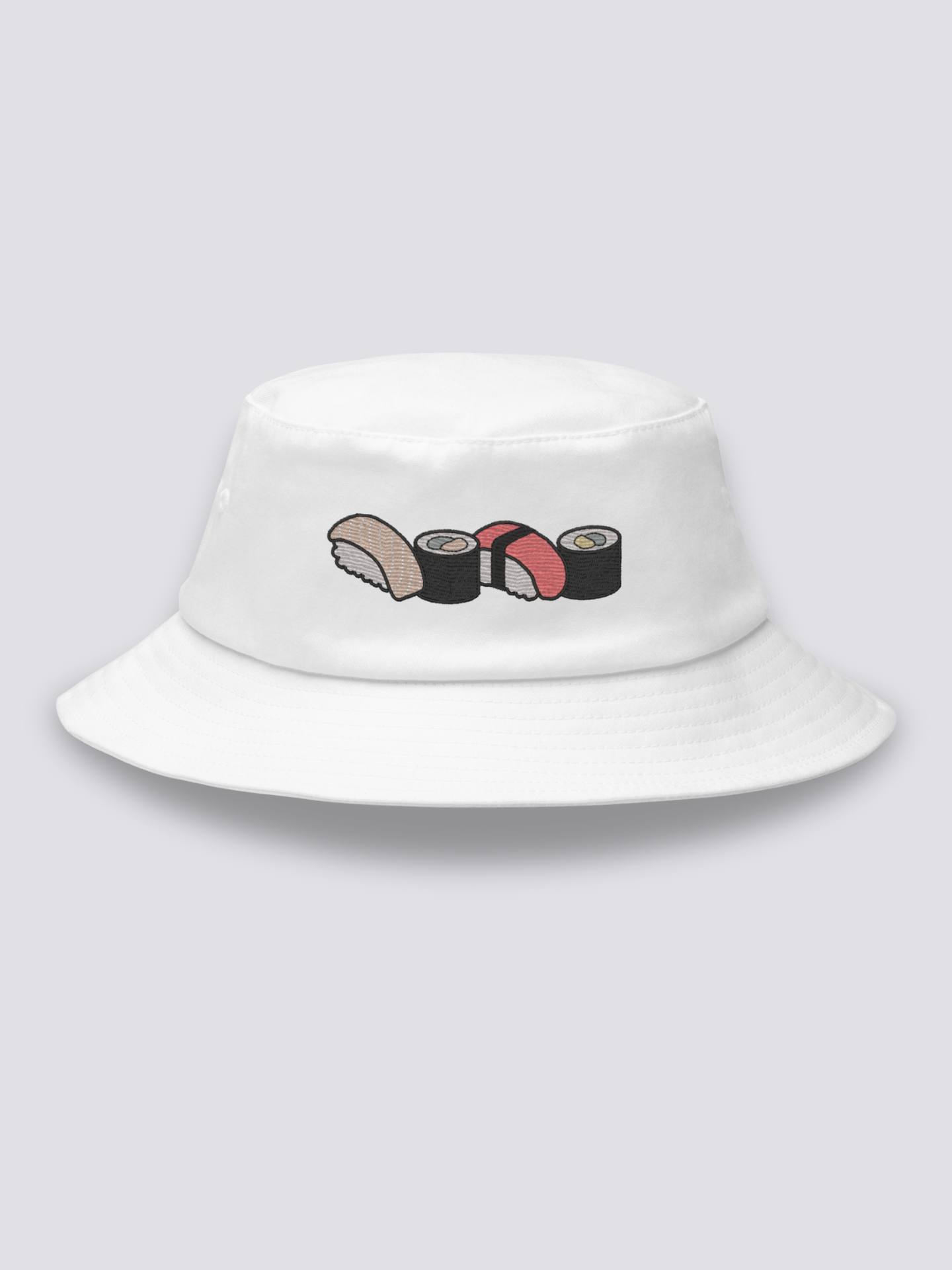 Bucket Hat Japanisches Sushi – Bucket Hat, vier gestickte Sushi als Fries, Detailaufnahme der Stickerei
