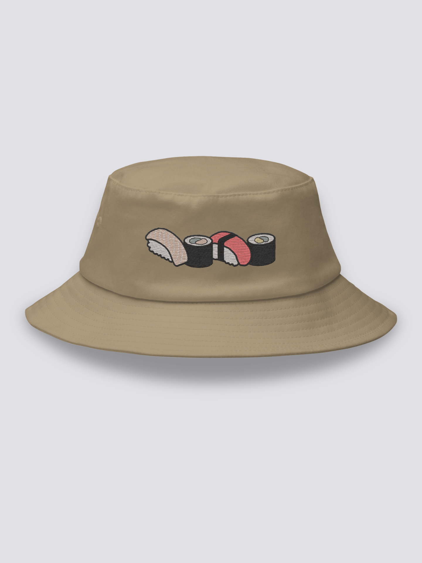 Bucket Hat Japanisches Sushi – Bucket Hat, vier gestickte Sushi als Fries, Rückansicht