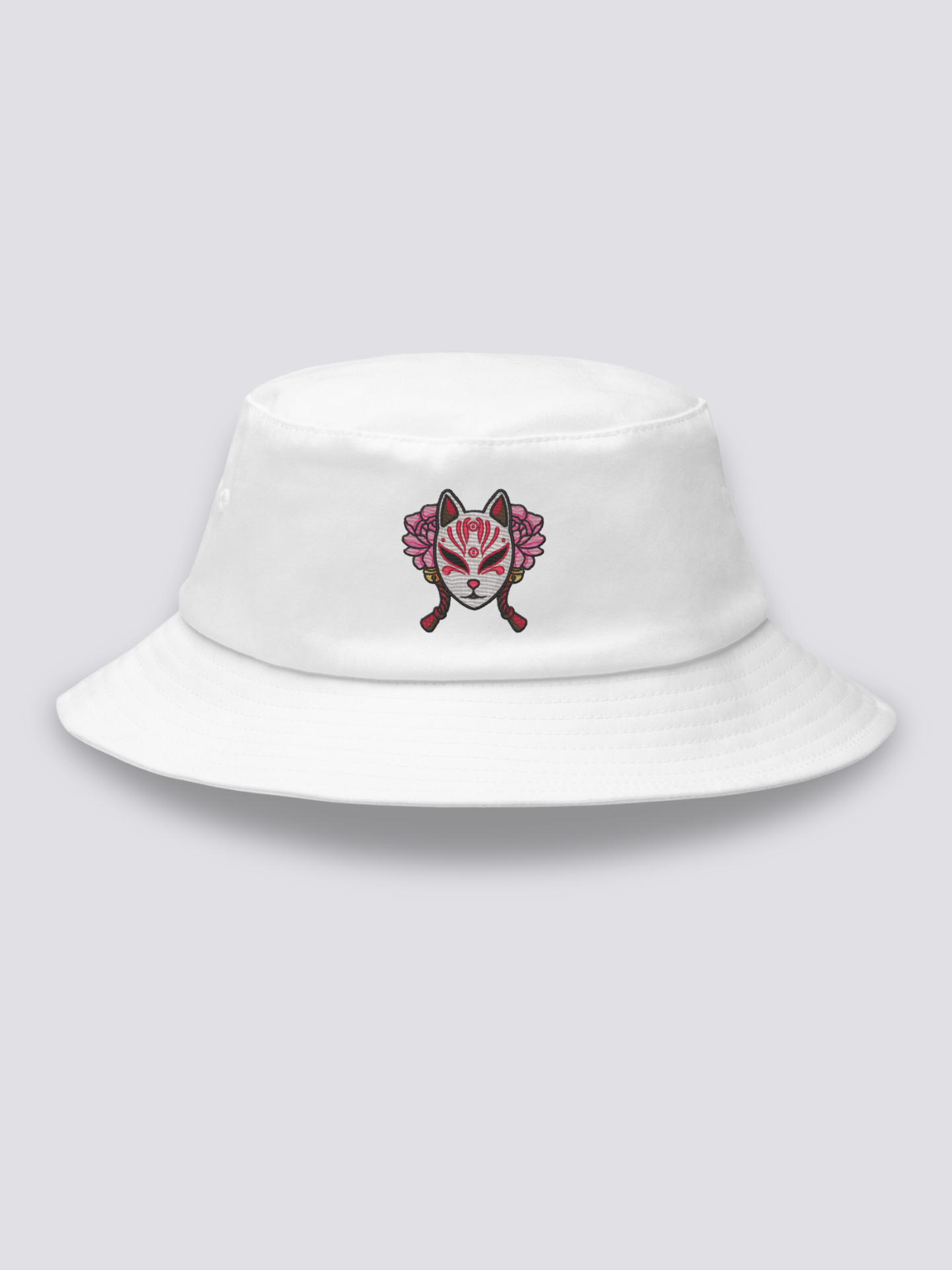 Bucket Hat Kitsune-Maske – Bucket Hat, gestickte Kitsune-Maske mit Pfingstrosen, Seitenansicht