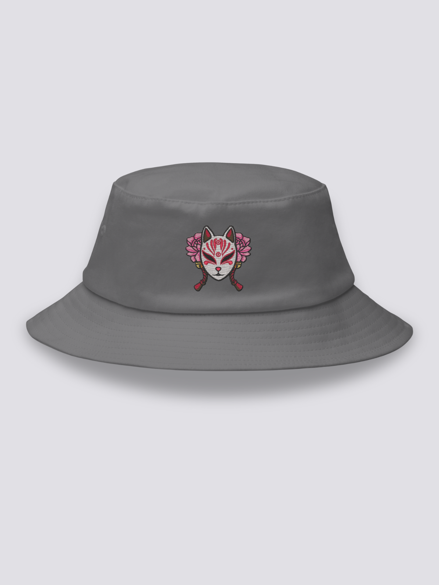 Bucket Hat Kitsune-Maske – Bucket Hat, gestickte Kitsune-Maske mit Pfingstrosen, Rückansicht