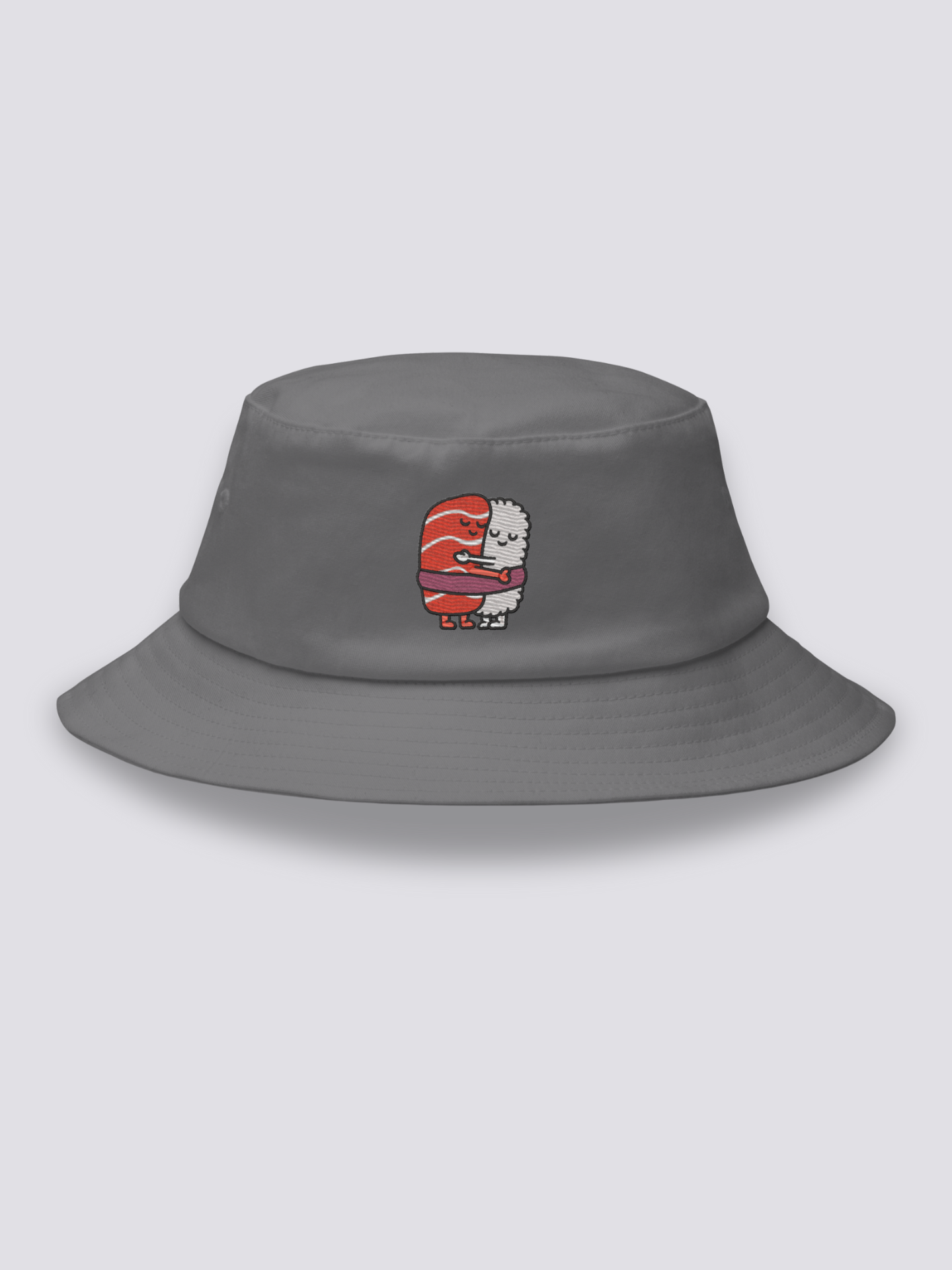 Bucket Hat Lachs-Reis – Bucket Hat, zwei gestickte Kawaii-Sushi in Umarmung, Rückansicht