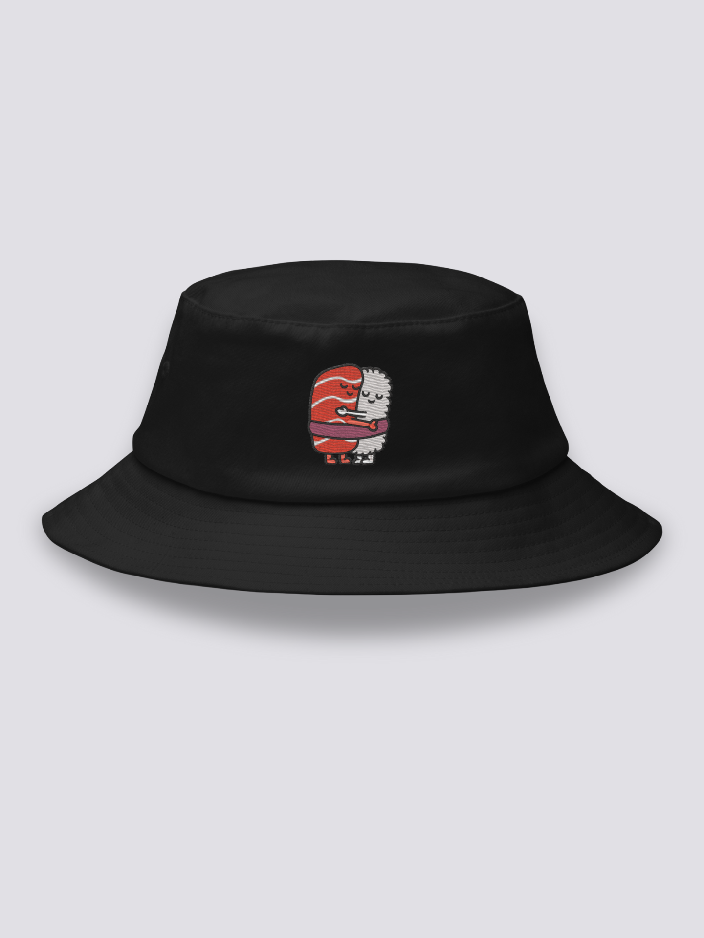 Bucket Hat Lachs-Reis – Bucket Hat, zwei gestickte Kawaii-Sushi in Umarmung, Vorderansicht