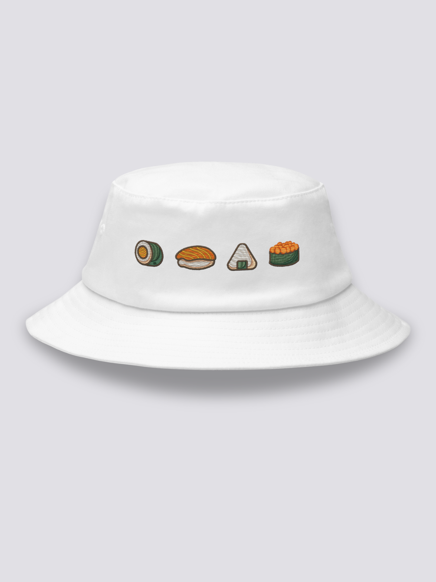 Bucket Hat Maki Nigiri Onigiri – Bucket Hat, vier gestickte Sushi-Spezialitäten, Detailaufnahme der Stickerei