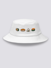 Bucket Hat Maki Nigiri Onigiri – Bucket Hat, vier gestickte Sushi-Spezialitäten, Detailaufnahme der Stickerei