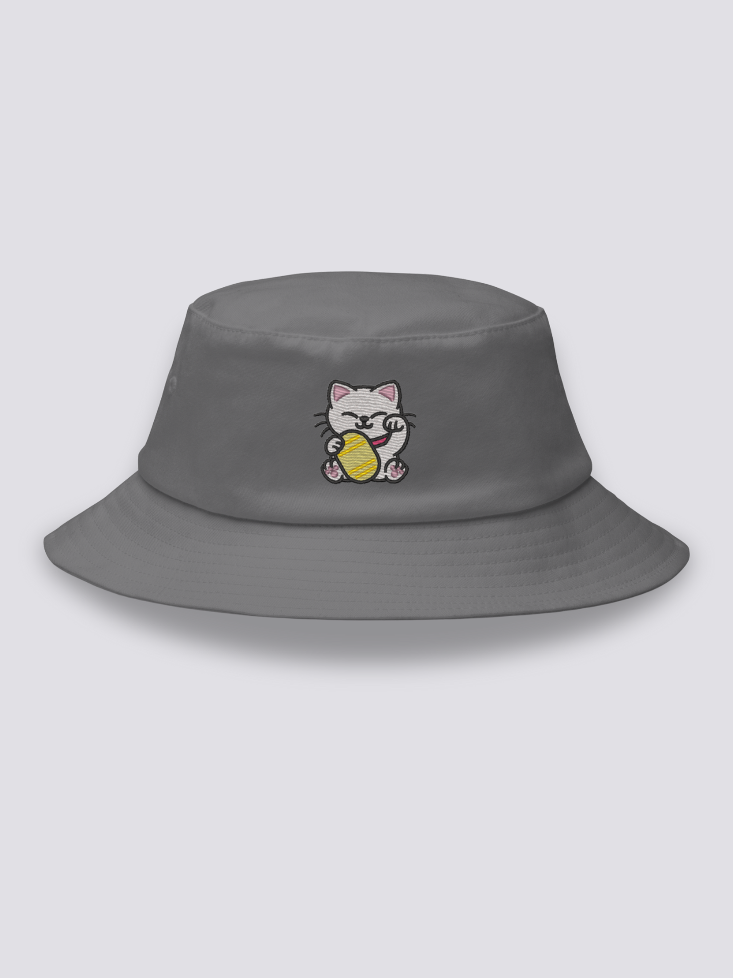 Bucket Hat Maneki-neko – Bucket Hat, gestickte glückbringende Maneki-Neko-Katze, Rückansicht