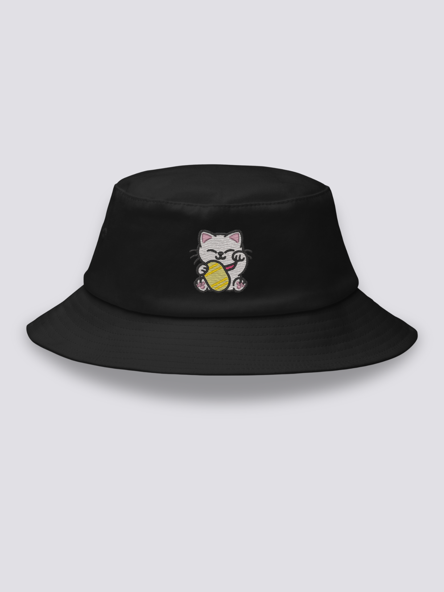Bucket Hat Maneki-neko – Bucket Hat, gestickte glückbringende Maneki-Neko-Katze, Vorderansicht