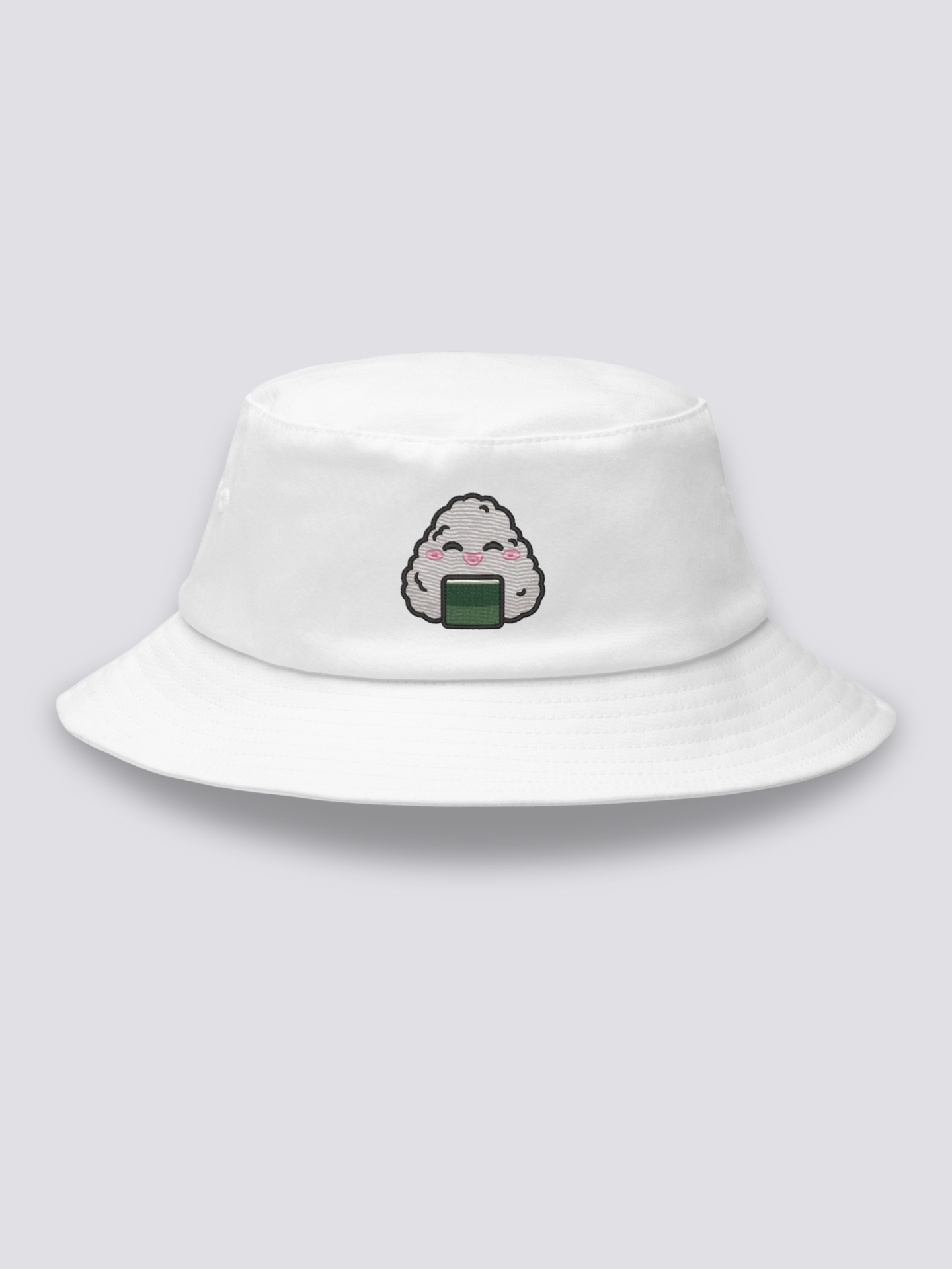 Bucket Hat Onigiri – Bucket Hat, gestickter Kawaii-Onigiri-Reisball, Detailaufnahme der Stickerei