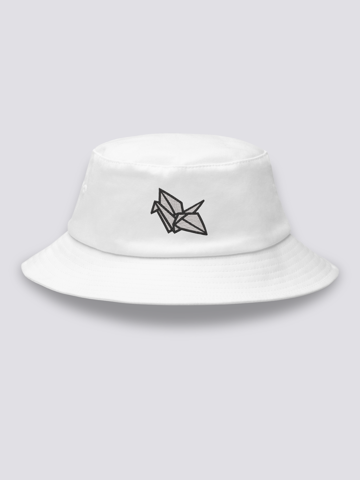 Bucket Hat Origami – Bucket Hat, gestickter geometrischer Origami-Kranich, Rückansicht