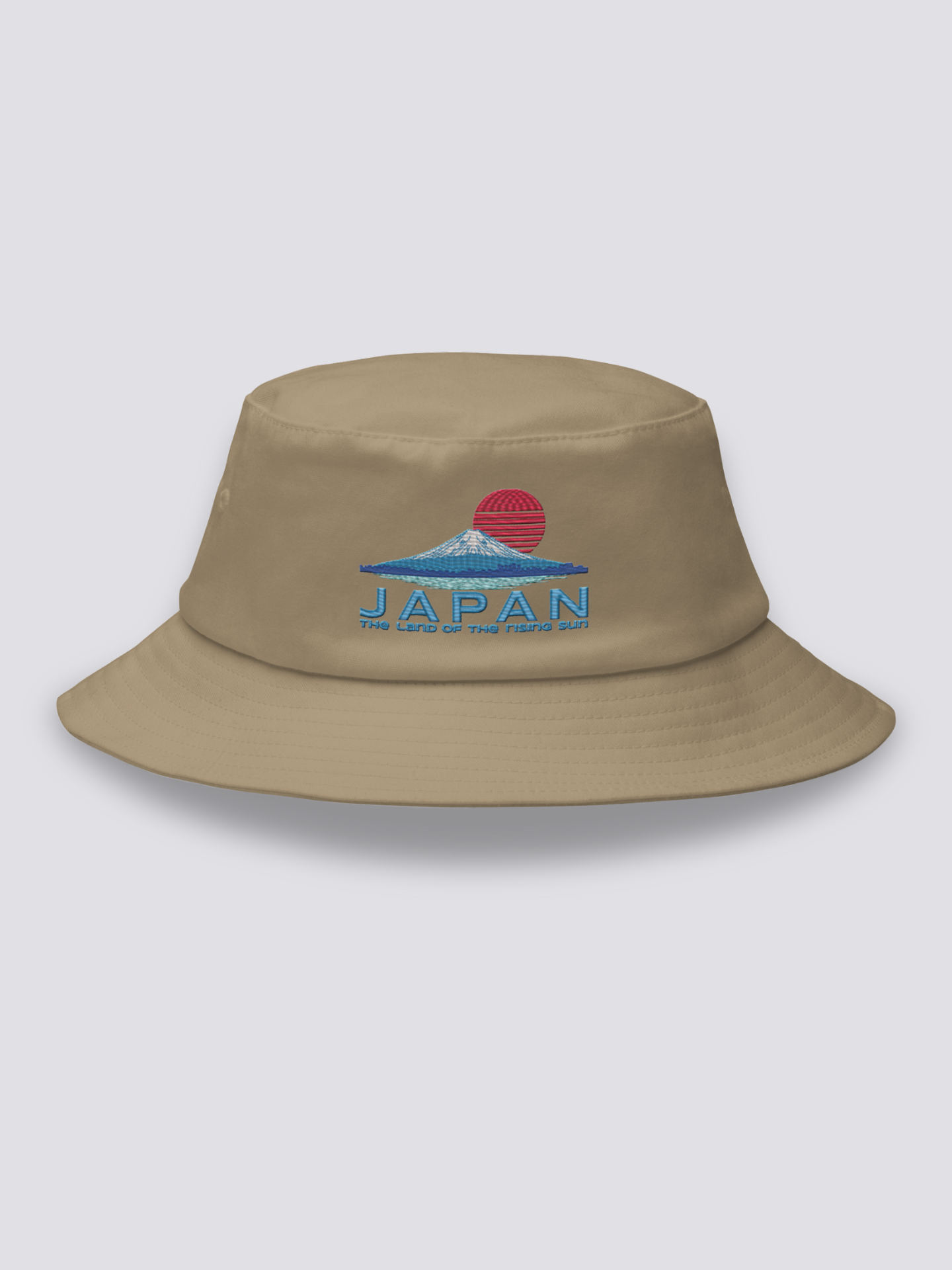 Bucket Hat Rising Sun – Bucket Hat, gesticktes Sonnen- und Fuji-Motiv, Detailaufnahme der Stickerei