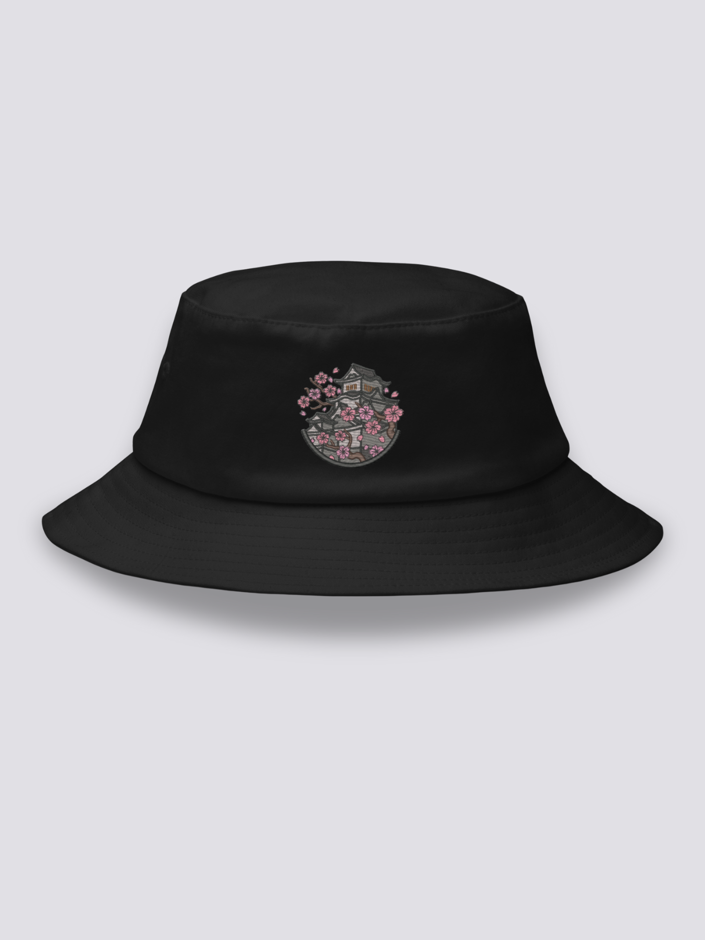Bucket Hat Schloss Himeji – Bucket Hat, gestickte weiße Burg Himeji mit Sakura, Rückansicht