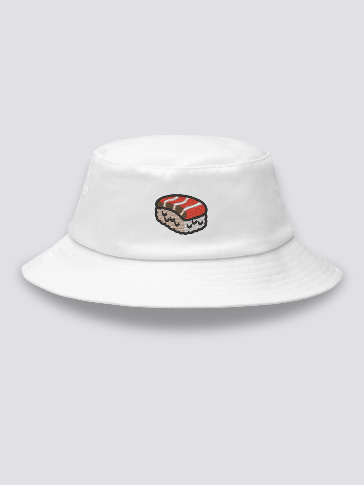 Bucket Hat Sushi – Bucket Hat, gesticktes Lachs-Nigiri in Großaufnahme, Rückansicht