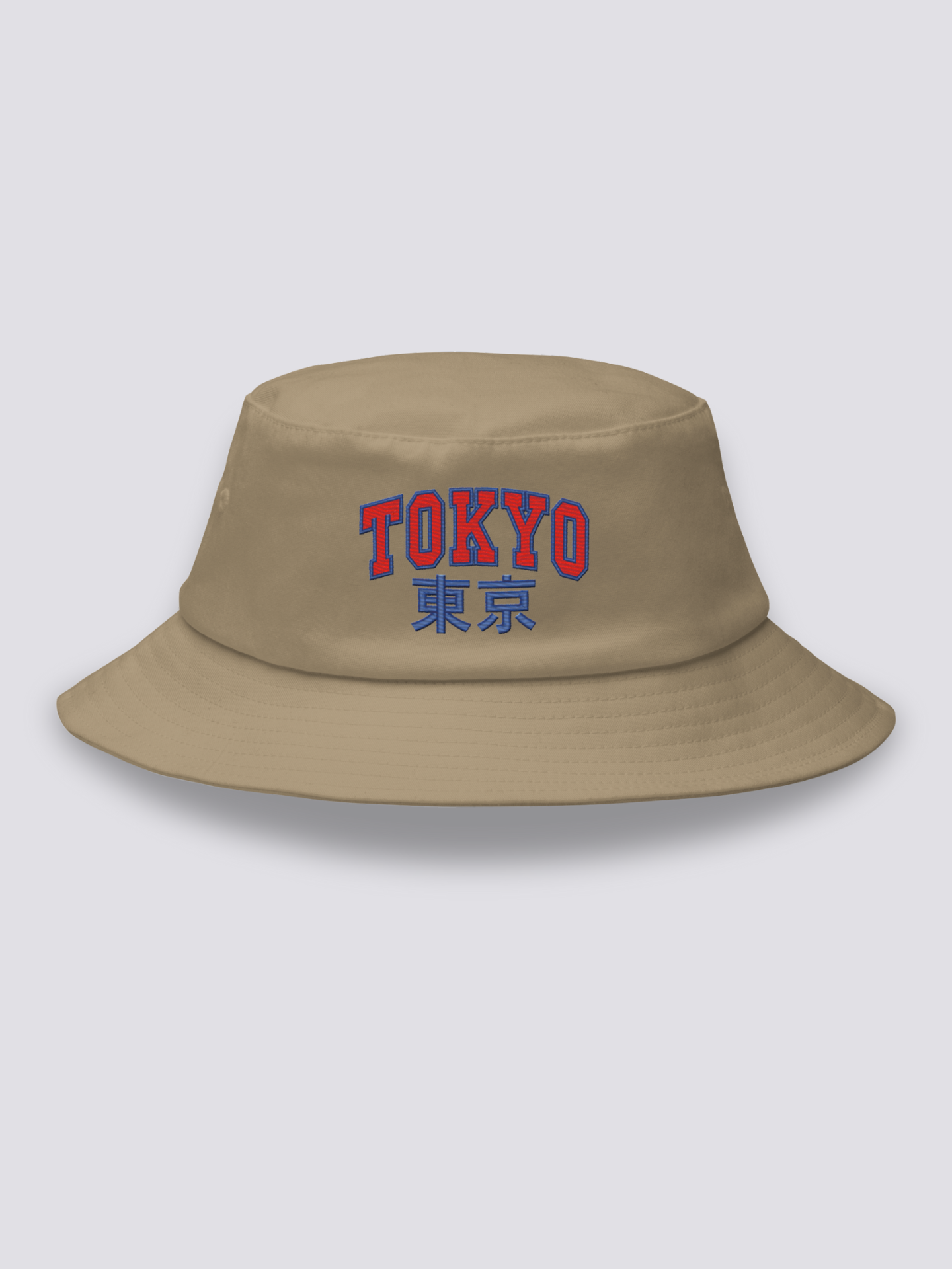 Bucket Hat Tokyo-Logo – Bucket Hat, gesticktes Varsity-Tokyo-Logo, Detailaufnahme der Stickerei