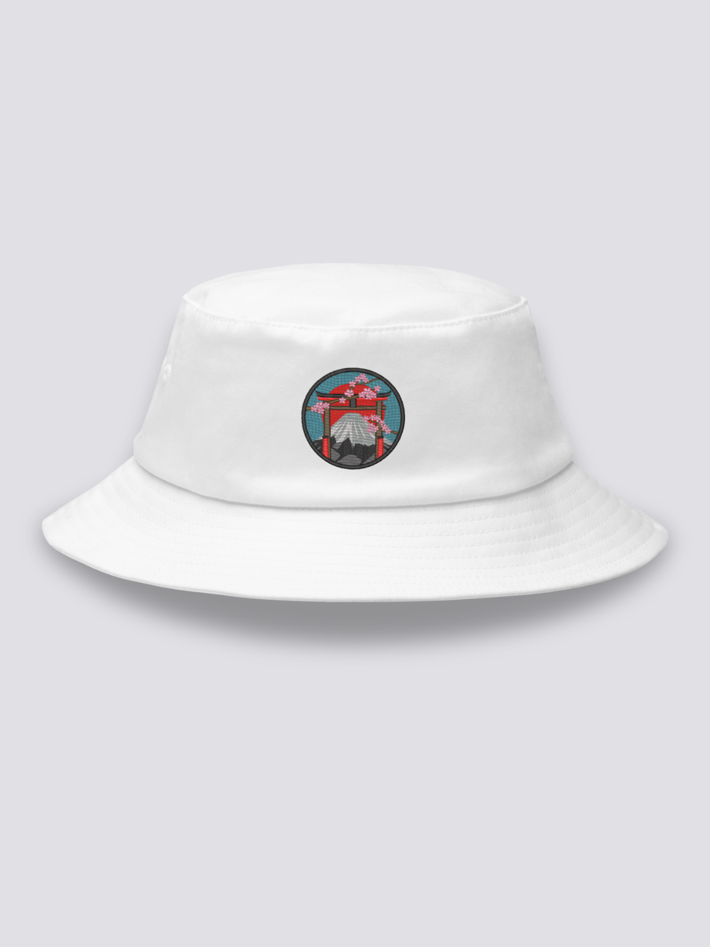 Bucket Hat Traditionell Japanisch – Bucket Hat, gesticktes Torii mit Fuji und Sakura, Seitenansicht