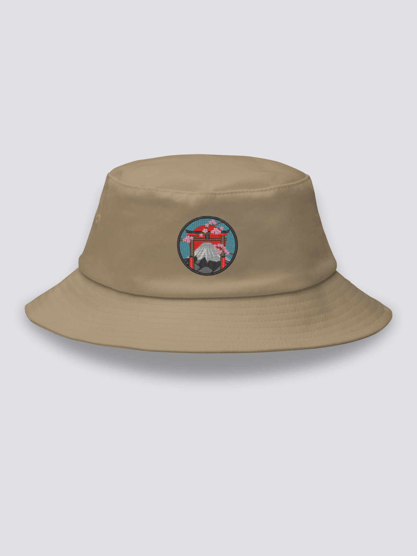 Bucket Hat Traditionell Japanisch – Bucket Hat, gesticktes Torii mit Fuji und Sakura, Detailaufnahme der Stickerei