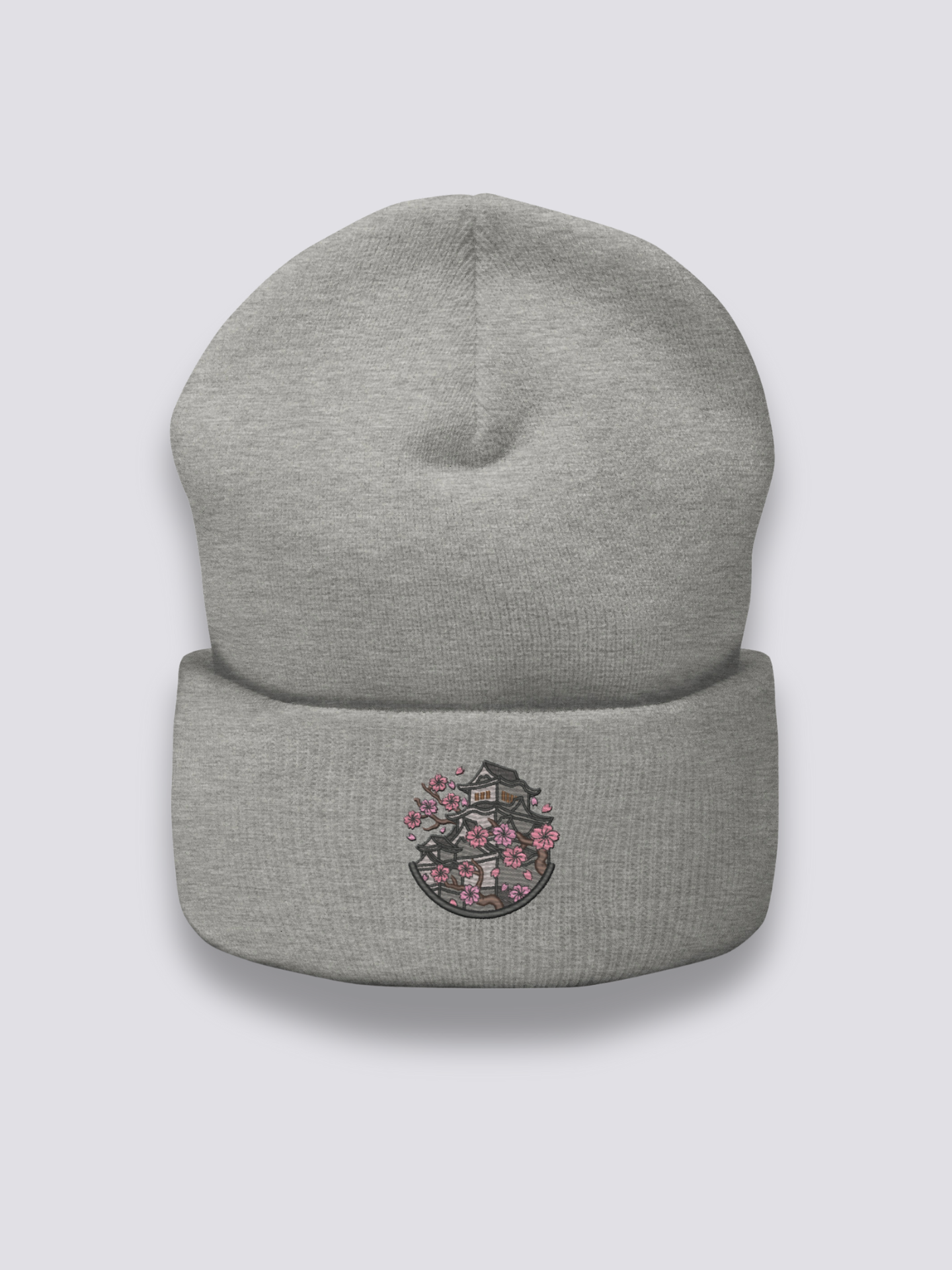 Burg Himeji Beanie – Beanie, gestickte weiße Burg Himeji mit Sakura, Seitenansicht