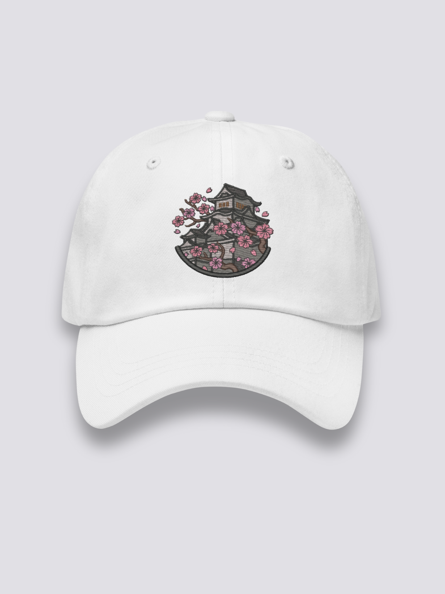 Burg Himeji Cap – japanische Cap, gestickte Burg Himeji mit Sakura, Detailaufnahme der Stickerei