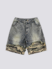 Camo Denim Shorts, Seitenansicht Detail – Denim-Shorts Herren japanischer Streetwear